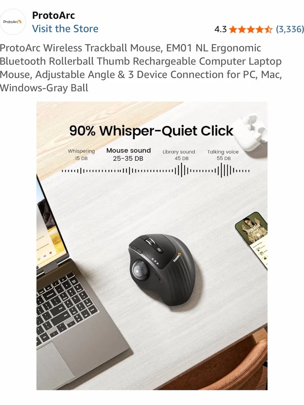 EM01 NL ProtoArc Gray Ergonomic Wireless Trackball Mouse